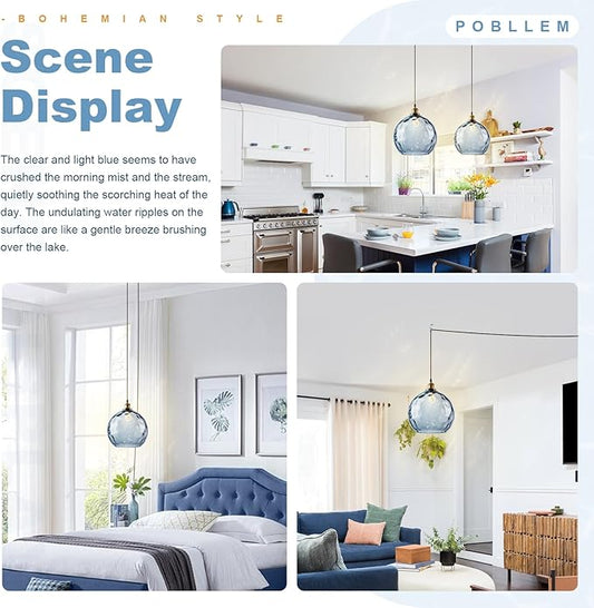 Blue Glass Hanging Light Plug in, 13.8" Large Globe Plug in Ceiling Pendant Light with Hammered Shade, Vintage Gold 1-Light Chandelier Pendant Hanging Lamps for Kitchen Dining Living Room