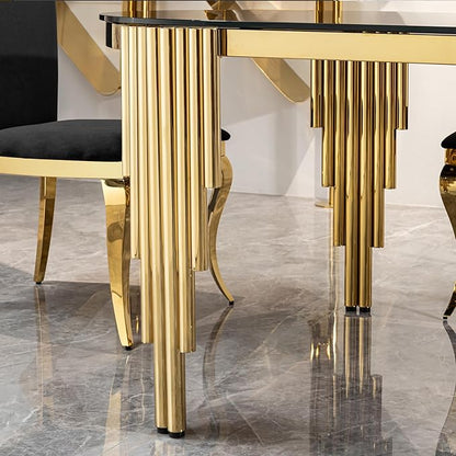 Luxury Modern 70" Oval Black Dining Table with Tempered Glass Top and Gold Stainless Steel Base – Elegant Dining Room Furniture