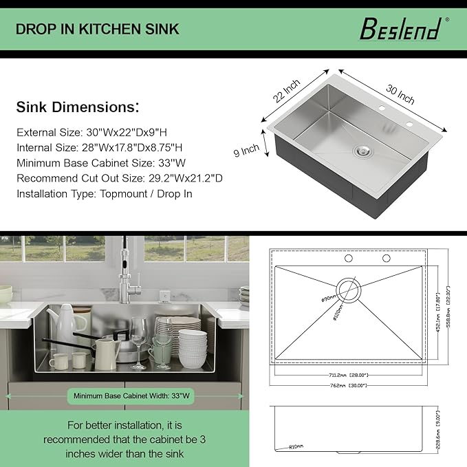 30 Drop In Kitchen Sink - Beslend 30x22 Inch Kitchen Sink Drop In Stainless Steel Sinks Topmount 16 Gauge 9" Deep Single Bowl Above Counter Sinks Dish Basin, Sink Only
