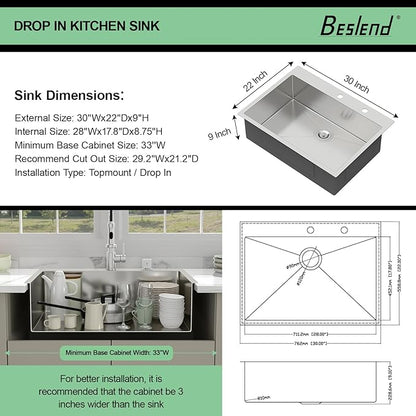 30 Drop In Kitchen Sink - Beslend 30x22 Inch Kitchen Sink Drop In Stainless Steel Sinks Topmount 16 Gauge 9" Deep Single Bowl Above Counter Sinks Dish Basin, Sink Only