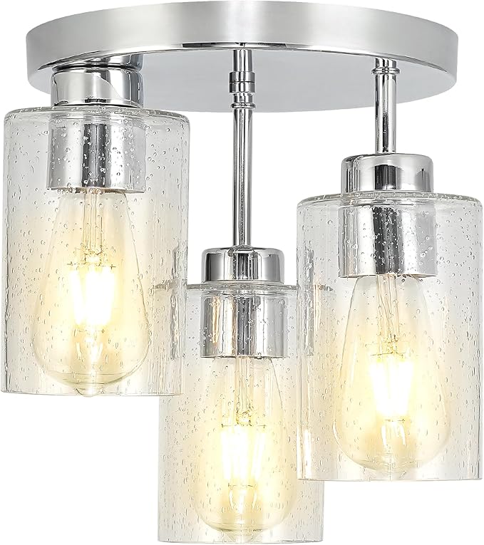 Semi Flush Mount Ceiling Light Fixture Chrome Flush Mount Ceiling Light with Seeded Glass Shades, 3-Light Modern Ceiling Light for Hallway Entryway Kitchen Island Bedroom