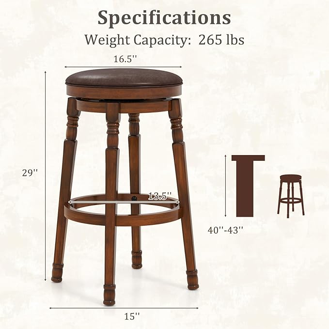 Giantex Swivel Bar Stools Set of 2, 29" Bar Height Bar Stools w/Faux Leather Padded Seat, Footrests, Solid Wooden Frame, Farmhouse Backless Barstools for Kitchen Island, Pub, Dining Room, Cafe