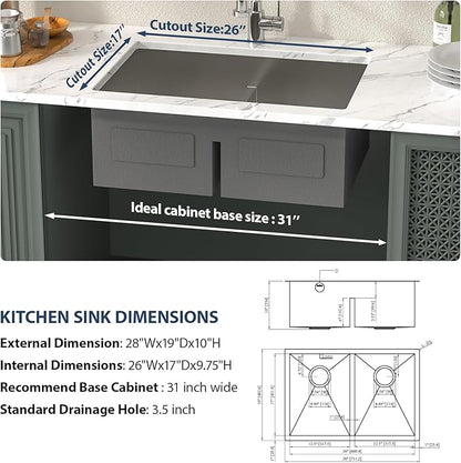 Lordear 28 Inch Undermount Double Bowl Kitchen Sink -16 Gauge Stainless Steel Workstation Sink 50/50 28x19 Double Basin Under Counter Handmade Kitchen Sinks
