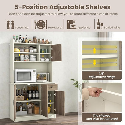 Giantex 71" Buffet Hutch Cabinet with Power Outlet, Kitchen Hutch Sideboard, Buffet Pantry on Island, Wood Kitchenware Server with Drawer, Shelf and Storage Cabinet (White & Walnut)