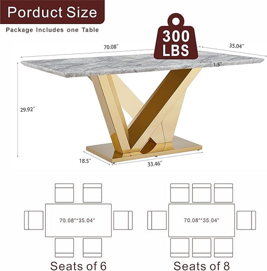 70" Marble Dining Table for 6-8, Modern Luxury Gold Rectangular Large Kitchen Table, Marble Grain MDF Tabletop & Stainless Steel Base, Dinner Furniture for Kitchen Dining Room, Meeting Room, Grey