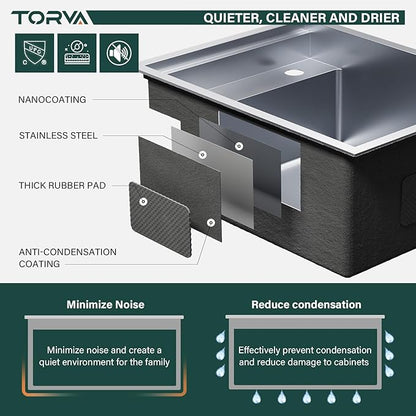 TORVA RV Kitchen Sink, 16 x 21 x 9 Inch Undermount Bar Sink 16 Gauge Stainless Steel Single Bowl Sink with Foldable Faucet Cutting Board, Grey