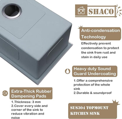 SHACO 33x22 Inch Drop In Kitchen Sink, 33 Inch Stainless Steel Top mount Single Bowl Commercial Sink, 16 Gauge Handmade Kitchen Sink with Strainer Drain