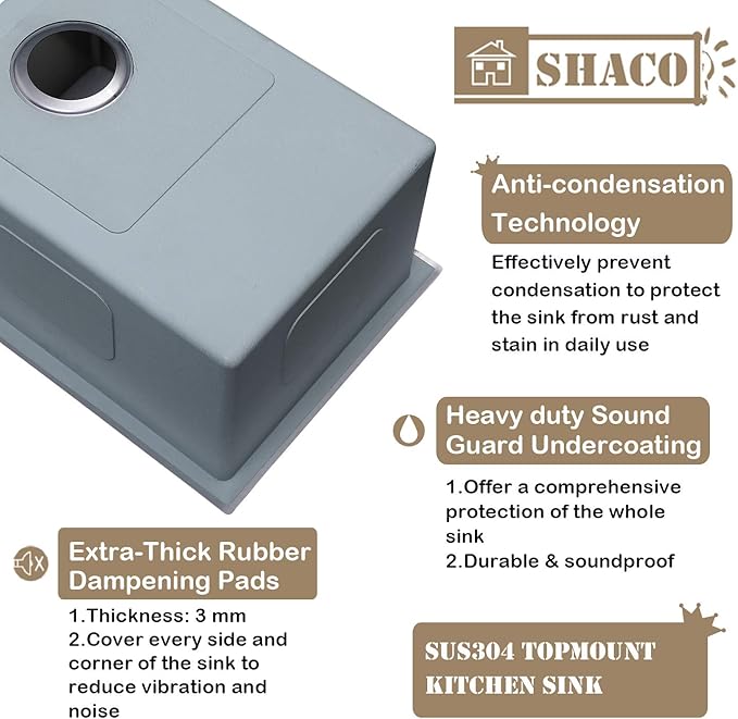 SHACO Gold 15 x 20 Inch Drop In Bar Sink, 16 Gauge Stainless Steel Topmount Small Kitchen Single Basin Sink for Wet Prep RV Laundry with Dish Grid & Drain, 15x20 Top Mount