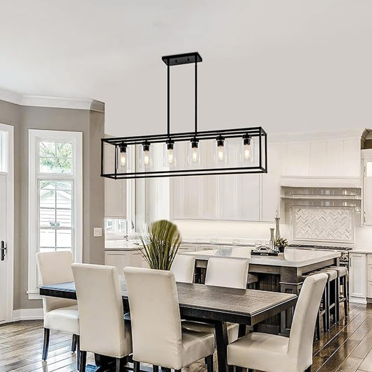 6 Light Dining Room Light Fixture Black Farmhouse Chandelier Kitchen Island Pendant Lighting Rectangle Modern Industrial Living Room Hanging Lights Adjustable Height