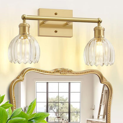 Vintage Bathroom Light Fixtures,2-Light Rustic Vanity Lights for Bathroom,Hallway,16.5 in Brass Vanity Lights,Tulip Light Fixtures for Mirror with Clear Tulip Glass Shade for Bedroom,E26 Base