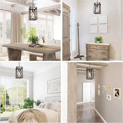 LNC Farmhouse Pendant Lighting Fixture Rustic Wood Cage Chandelier for Kitchen Island, Entryway, Foyer, Living and Dining Room, Brown, Rectangle