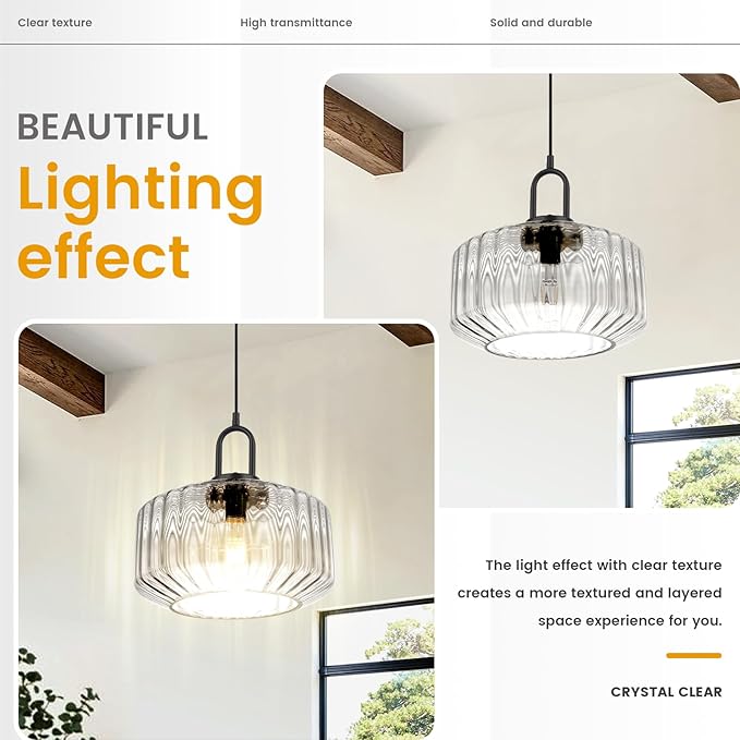 Large Glass Pendant Lights Kitchen Island Vintage Hanging Light Clear Striped Blown Shade Mid Century Modern Hanging Ceiling Lights with Black Finish Adjustable Cord for Dining Room