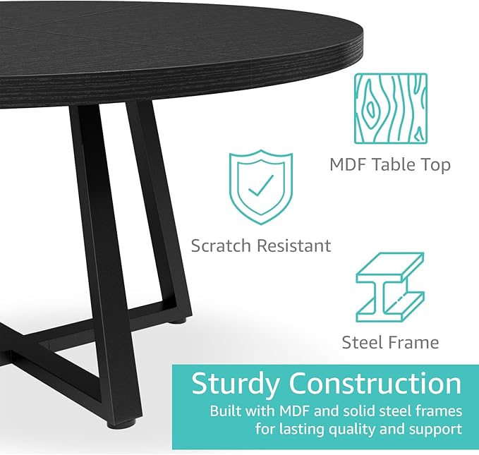 NUTIKAS 47 Inch Round Dining Table for 4, Modern Black Wood Grain Kitchen Table with Cross Metal Legs, Circular Industrial Dinner Table for Small Spaces, Breakfast Nook, Apartment, Office