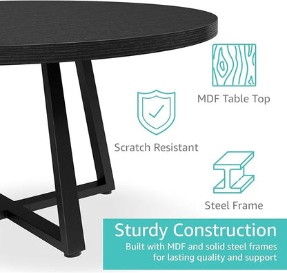 NUTIKAS 42 Inch Round Dining Table for 4, Modern Black Wood Grain Kitchen Table with Cross Metal Legs, Circular Industrial Dinner Table for Small Spaces, Breakfast Nook, Apartment, Office