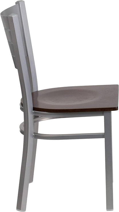 Flash Furniture 2 Pk. HERCULES Series Silver Slat Back Metal Restaurant Chair - Walnut Wood Seat