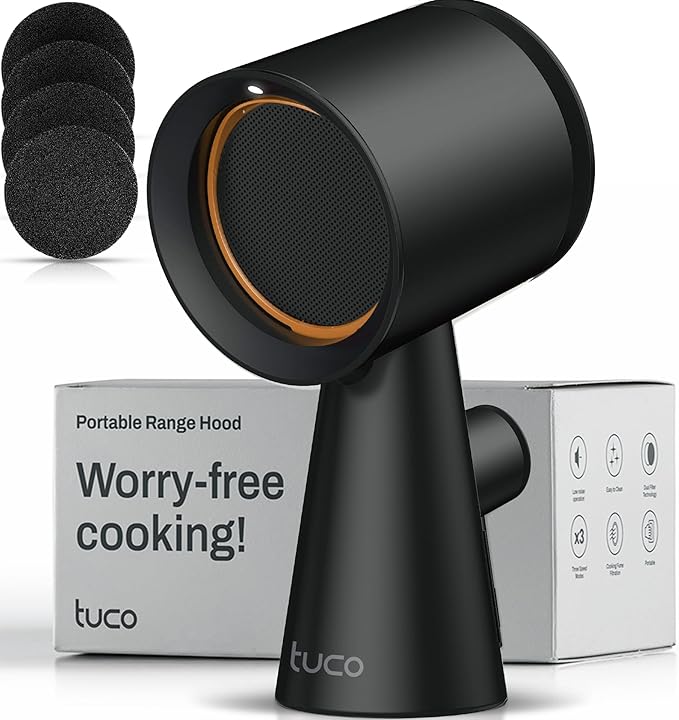 TUCO Portable Range Hood, Countertop Kitchen Exhaust Fan with 3 Speeds, 5-Layer Filter, Powerful Smoke Removal, Low Noise, Oil Cup, Air Purifier for Apartments, Dorms & Indoor BBQ Smokeless – Black