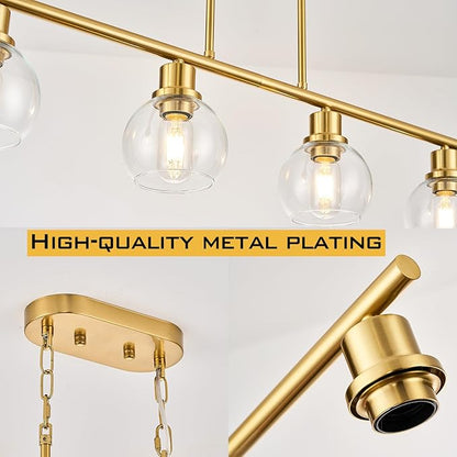 4-Light Linear Chandelier, Gold Chandelier Light Fixture, Kitchen Island Pendant Lighting with Clear Round Glass Shades
