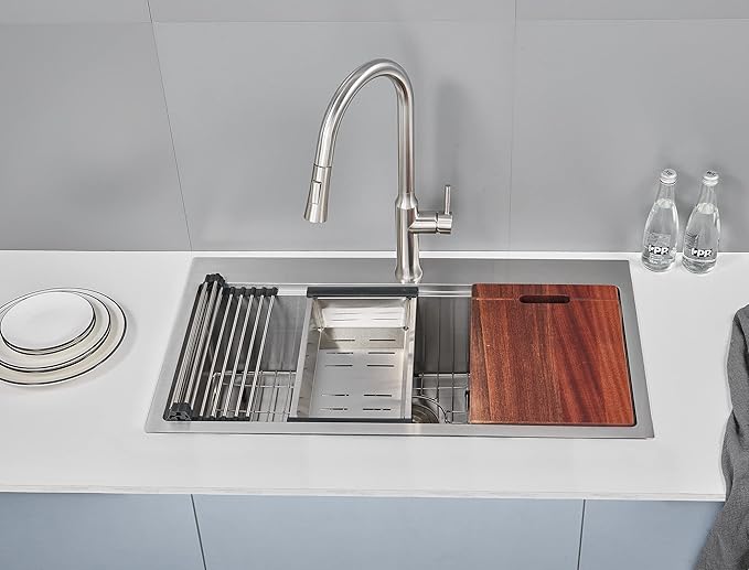 MENATT 32 Inch Drop In Kitchen Workstation Sink, 18 Gauge Stainless Steel Single Bowl Single Faucet Hole Topmount Kitchen Sink with Integrated Ledge (Bruhsed),32"x18"x9"