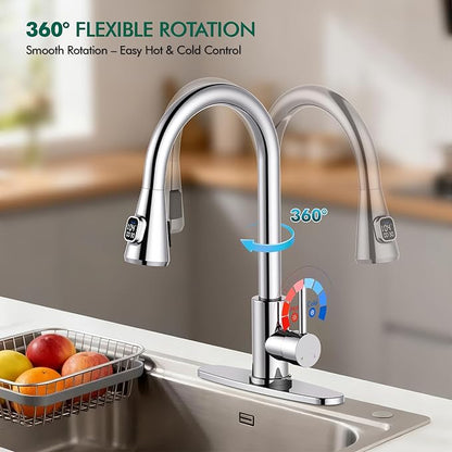 HOMELODY LED Temperature Display Kitchen Faucet with Pull Down Sprayer - Polished Chrome Single Handle Faucet for Kitchen Sink, High Arc Stainless Steel Design for RV Laundry Farmhouse Bar