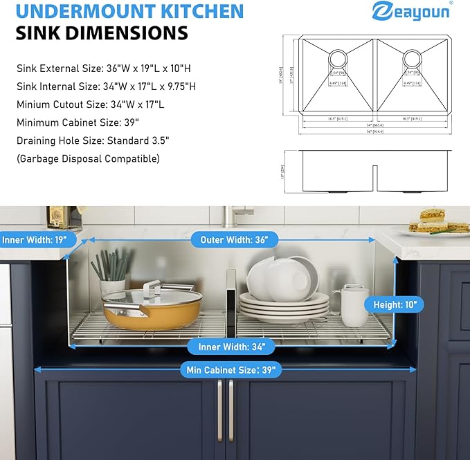 36 Inch Undermount Double Bowl Kitchen Sink 16 Gague 304 Stainless Steel Double Handmade Sinks 50/50 Large Deep Double Bowl Sinks 36"x19"x10"