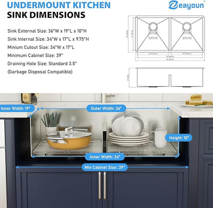 36 Inch Undermount Double Bowl Kitchen Sink 16 Gague 304 Stainless Steel Double Handmade Sinks 50/50 Large Deep Double Bowl Sinks 36"x19"x10"