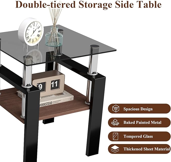 Set of 2 Glass End Table, 2-Layer Glass Living Room Table, Modern Tea Table Side Tables for Home Office Furniture