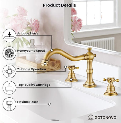 gotonovo Bathroom Faucet 3 Hole 8 Inch Widespread Bathroom Sink Faucet 2 Cross Handles Vintage Lavatory Vanity Mixer Tap with Pop Up Drain, H C Label, Antique Brass