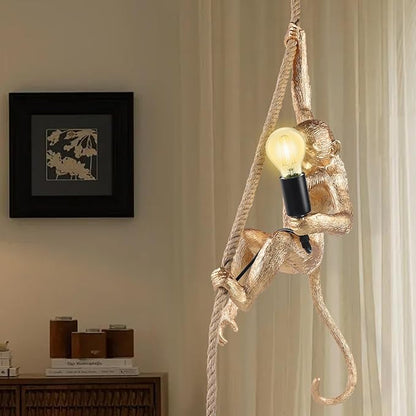 Vintage Monkey Pendant Light Retro Resin Hemp Rope Monkey Lamp 13.7 x 78.7 Inch Hanging Light Fixture E26 Chandelier Ceiling Pendant Lamp for Dining Living Room Bar Cafe (Gold - Pendant Light)