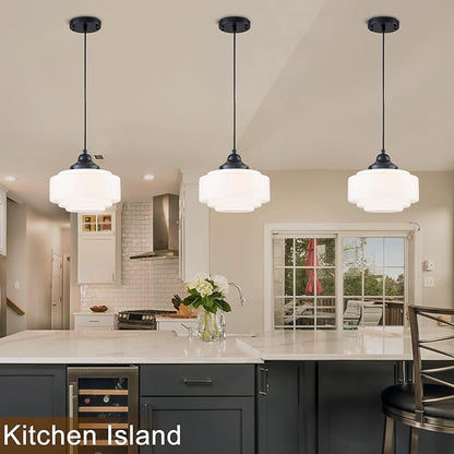Schoolhouse Pendant Light 9.84" Vintage Milk Glass Chandelier Black Mid Century Modern Pendant Lighting Fixture for Kitchen Island Dining Room Living Room Hallway, Adjustable Height (E26)