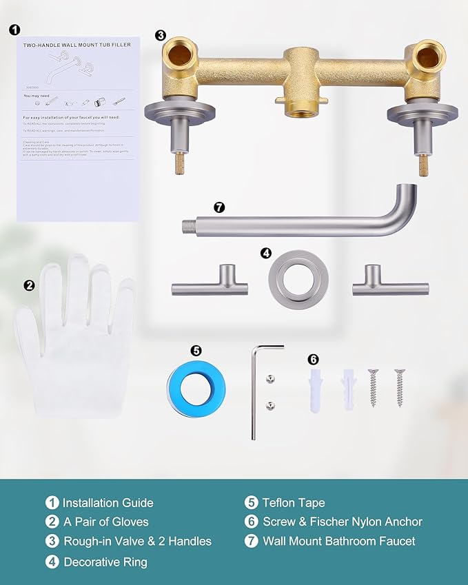 WOWOW Wall Mount Tub Filler: Brushed Nickel Tub Faucet High Flow Two Handles Solid Brass, Long Spout Reach,Tub Faucet Bathroom Bathtub Faucets with 2 Handles with Brass Rough in Valve Included