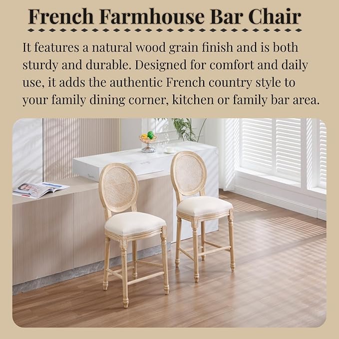 French Country Upholstered Bar Stools Set of Two, Natural Rattan Round Backrest, Solid Wood Frame with Carving and Wire Drawing Techniques, Vintage Dining Chairs for Kitchen Island (Beige A)