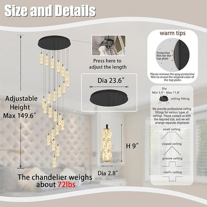 ykolupty Modern Crystal Chandelier 24-Lights Black Chandelier Lighting Fixture High Ceiling Chandelier Suitable for Living Room Staircase Villa