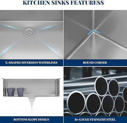 Stainless Steel Kitchen Sink 36 × 22 × 10 inch – Topmount Single Bowl Sink, Brushed Finish, Includes Bottom Grid & Drain, 2.0mm Rim, 1.0mm Bowl