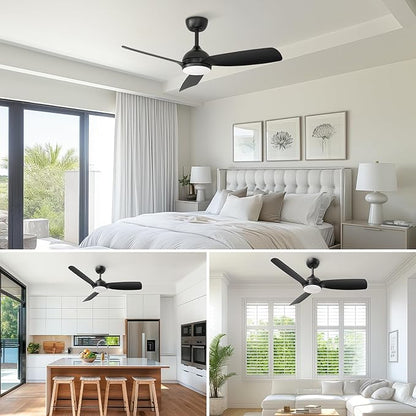 Consciot Ceiling Fan With Lights Remote Control, 44 Inch Modern Ceiling Fan, Downrod Mount, Reversible Quiet DC Motor, 6 Speed, 3 Color and Dimmable, Black Ceiling Fan For Indoor and Covered Outdoor