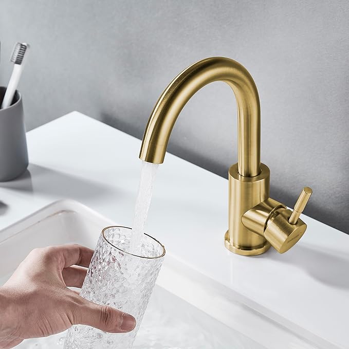 Wet Bar Sink Faucet Single Hole Brushed Gold, Modern Single Handle Bathroom Sink Faucet Commercial Stainless Steel Prep Sink Faucet
