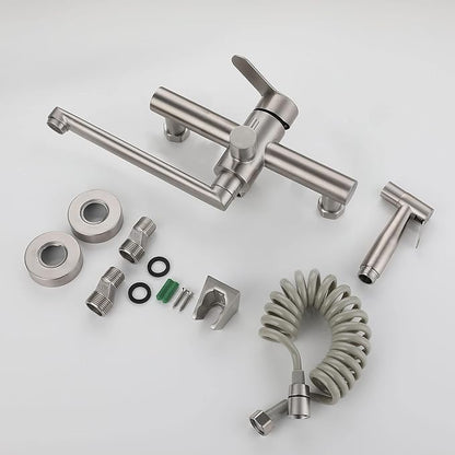 Wall Mount Kitchen Sink Faucet with Side Sprayer, Commercial Faucet, Nickel Brushed Unility Sink Faucet, Mixer Tap, 7.7-8.3 Inches Center, Spout Reach 9.2"