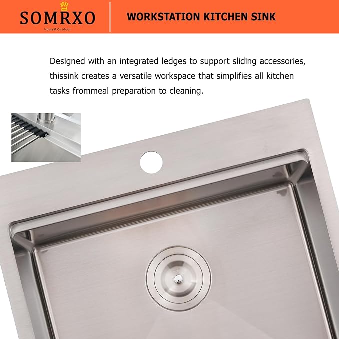 21x20 Inch Drop In Bar Sink - 16 Gauge Stainless Steel Small Kitchen Sink, 10" Deep Single Bowl Workstation Sinks with Accessories for RV, Outdoor Kitchen & Wet Bar
