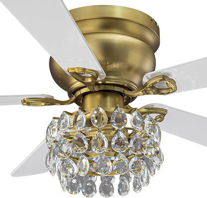 48" Crystal Ceiling Fan with Light and Remote, Brass Flush Mount Chandelier Ceiling Fan, 5-Blade Quiet Reversible AC Motor, Vintage Crystal Fandelier for Living Room Bedroom Dining Room