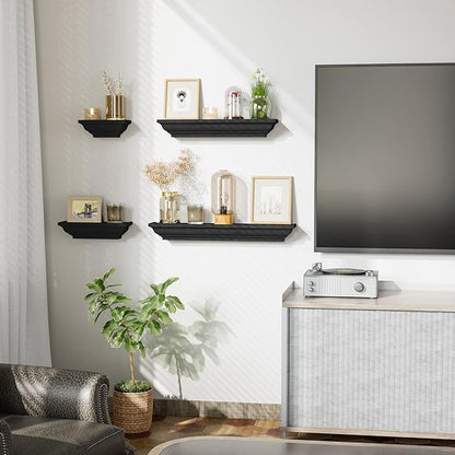 SRIWATANA Black Floating Shelves, Solid Wood Storage Wall Shelves Set of 4 Display Ledge Shelves Decor for Bedroom, Living Room, Bathroom, Kitchen - Black