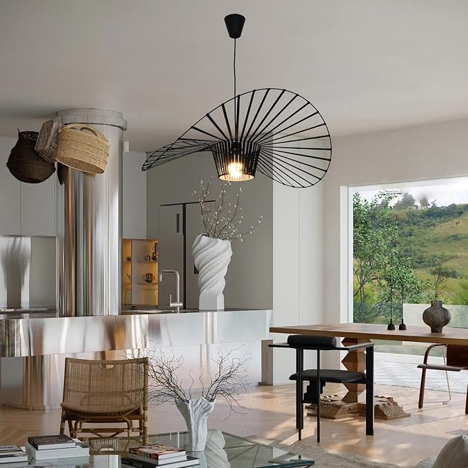 Modern Black Woven Chandelier, 31.5" Farmhouse Coastal Hat Pendant Light Fixtures Matte Black Handwoven Shade Boho Pendant Hanging Lamp for Kitchen Dining Room Bedroom Foyer Hallway