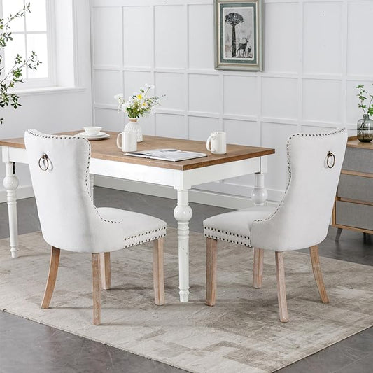 Ball & Cast Contemporary Upholstered Dining Chairs Set of 2, Button Tufted Kitchen Side-Chairs with Hang Ring & Nailhead Trims & Solid Wood Legs, 2-Piece Backrest Traditional Chair, Linen Beige