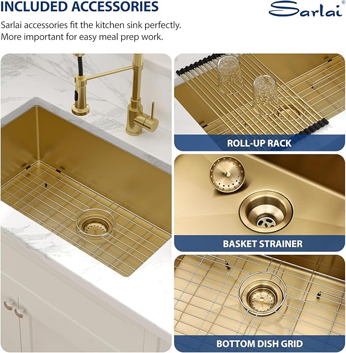 Sarlai Gold Undermount Kitchen Sink - 28 Inch Kitchen Sink Undermount Gold Stainless Steel Single Bowl 28" x 19" Under-Mount 16 Gauge Sinks Under Counter Round Corner Basin