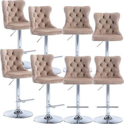 Rhomtree Velvet Swivel Bar Stools Upholstered Bar Stool with Button Tufted Back and Pull Ring Height Adjustable Barstools 25-33 Inch for Home Pub and Kitchen Island (Khaki with Silver Base, Set of 8)