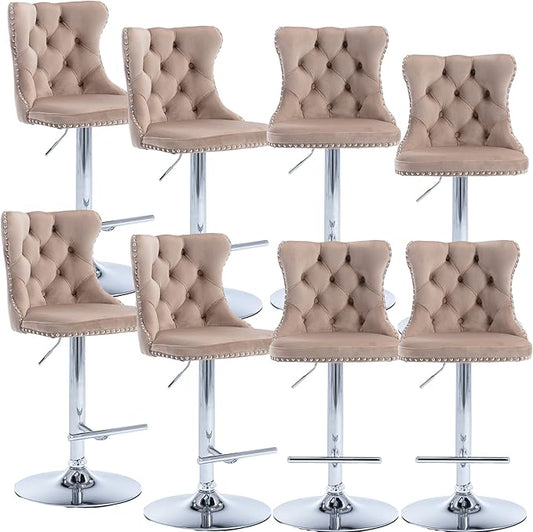 Rhomtree Velvet Swivel Bar Stools Upholstered Bar Stool with Button Tufted Back and Pull Ring Height Adjustable Barstools 25-33 Inch for Home Pub and Kitchen Island (Khaki with Silver Base, Set of 8)