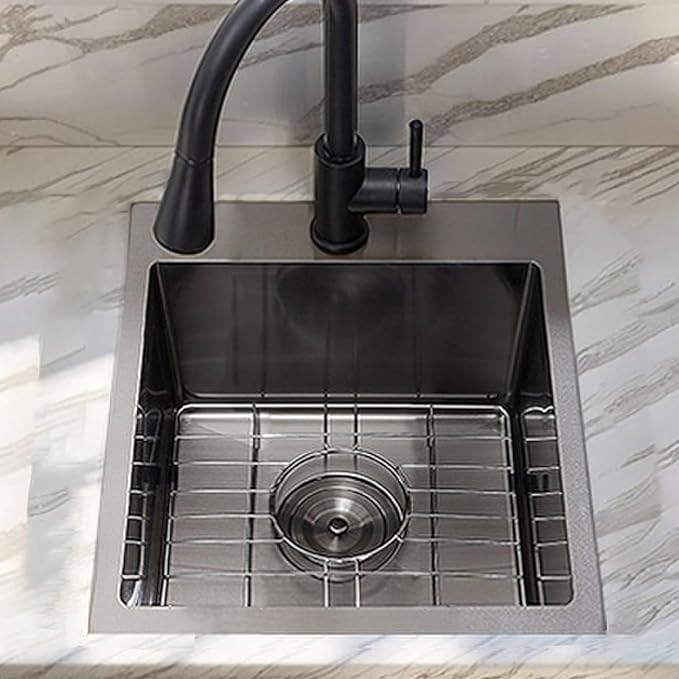 15 Gunmetal Black Bar Sink, Drop in 16 Gauge Stainless Steel 15x15x9 Wet Bar RV Laundry Utility Outdoor Prep Small Sink Single Bowl Square Topmount with Drain