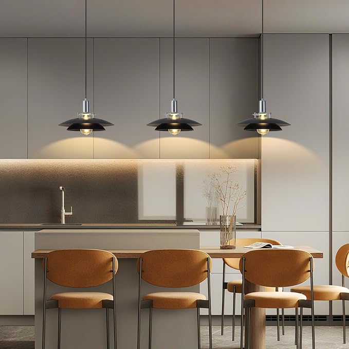 Black Pendant Lights Kitchen Island 2 Pack, 11.8 inch Farmhouse Kitchen Pendant Lighting with Double-Tier Shade, Modern Dining Room Light Fixtures, Mid Century Pendant Light