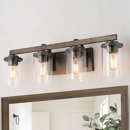 LALUZ Bathroom Vanity Light Fixtures, Farmhouse Vanity Lighting with Clear Glass Shades, Faux Wood, 4-Light, 28’’ L x 6.3’’ W x 8.7’’ H