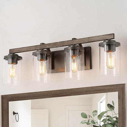LALUZ Bathroom Vanity Light Fixtures, Farmhouse Vanity Lighting with Clear Glass Shades, Faux Wood, 4-Light, 28’’ L x 6.3’’ W x 8.7’’ H