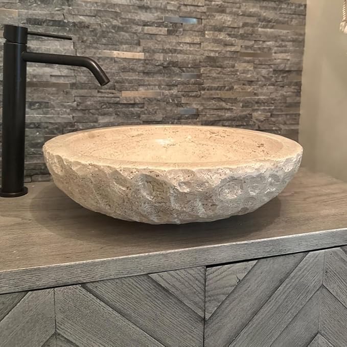 Shades of Nature Round Bowl Travertine Vessel Sink, Natural Stone Wash Basin, Hand-Carved Bathroom Sink, Chiseled Exterior, Polished Interior, Above Counter Vanity (Soap Tray Included)