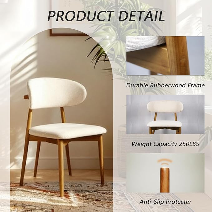 Modern Upholstered Dining Chairs, Beige Fabric Seat with Wooden Legs, Contemporary Kitchen Side Chairs, Set of 2